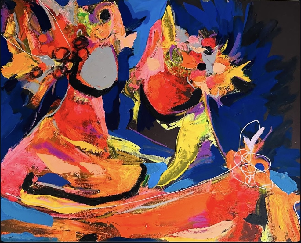 Painting by Carla Negrón — two figures in red and cobalt, acrylic on canvas