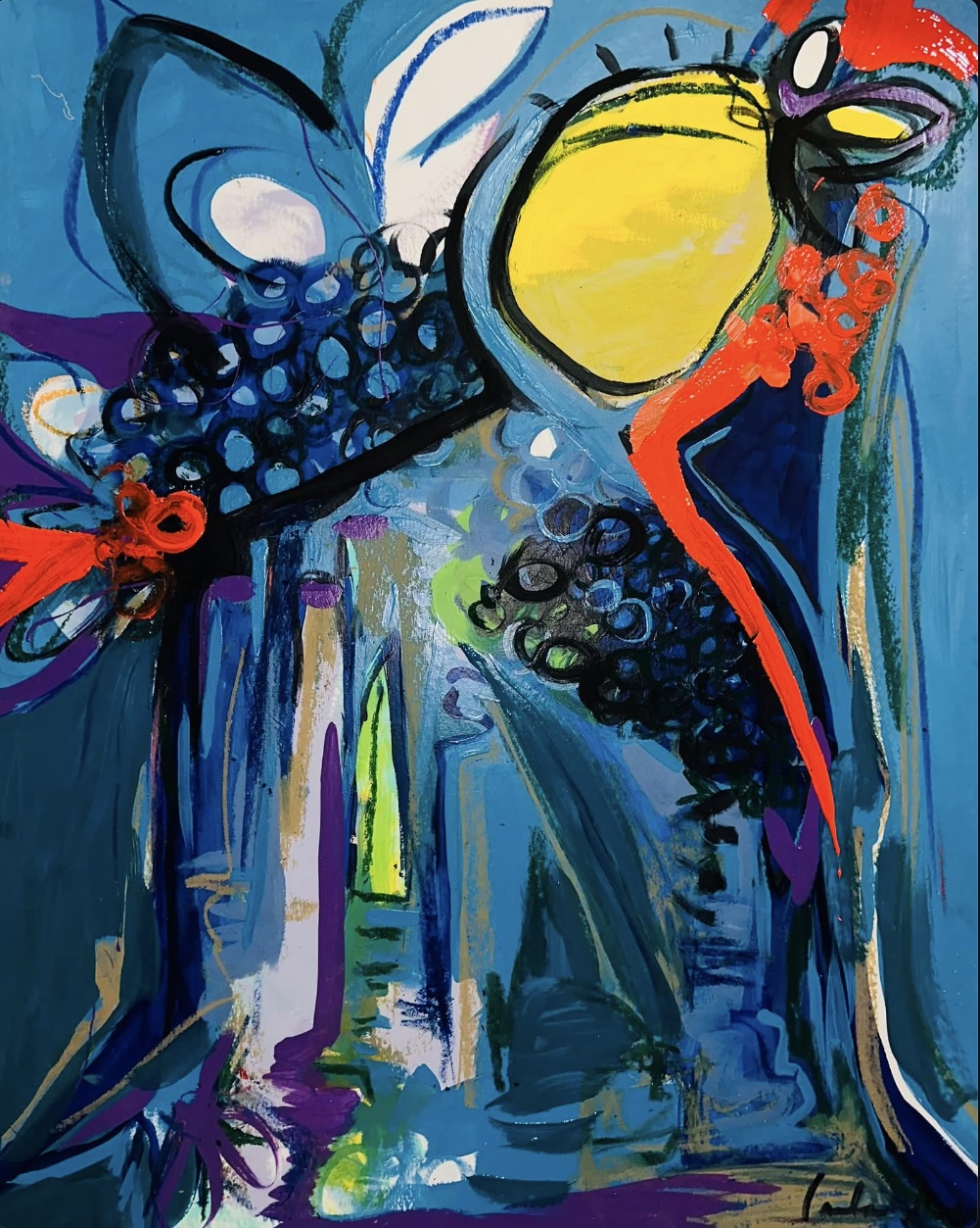 Painting by Carla Negrón — blue bird with yellow sun, mixed media on canvas