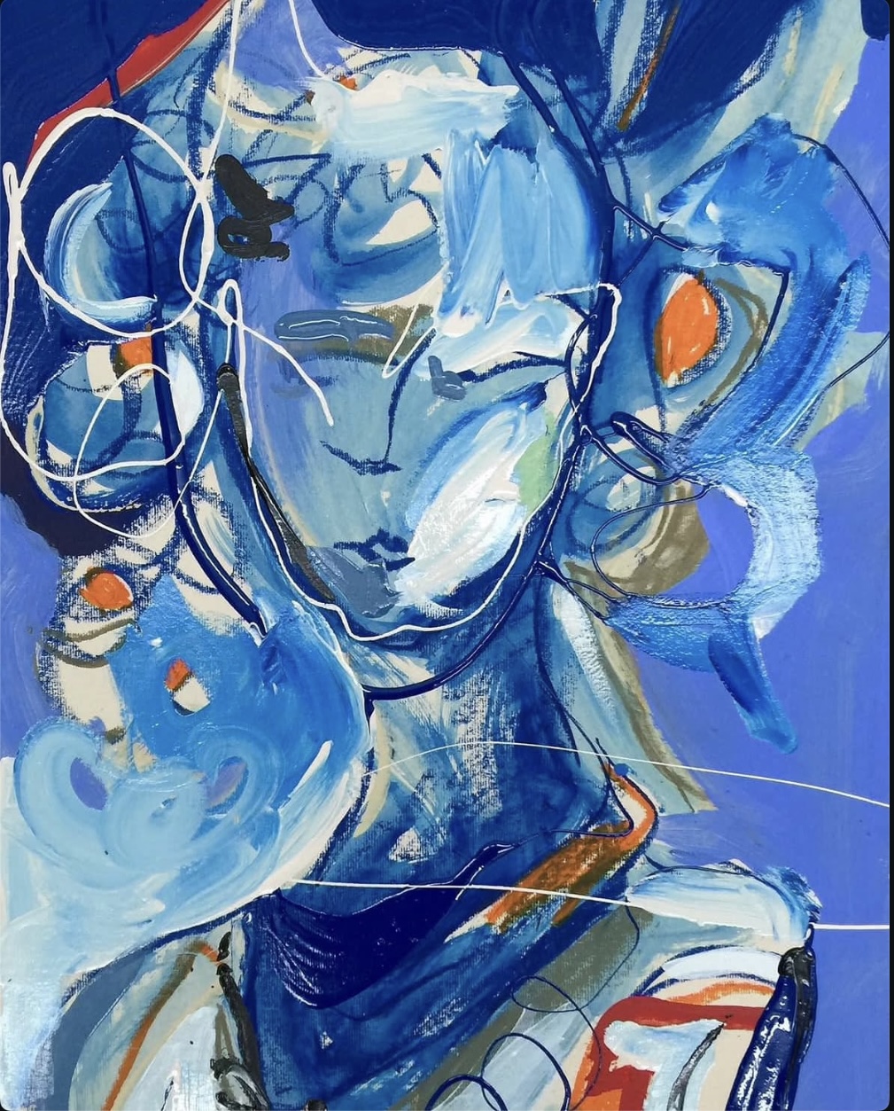 Painting by Carla Negrón — blue portrait in motion, acrylic on canvas