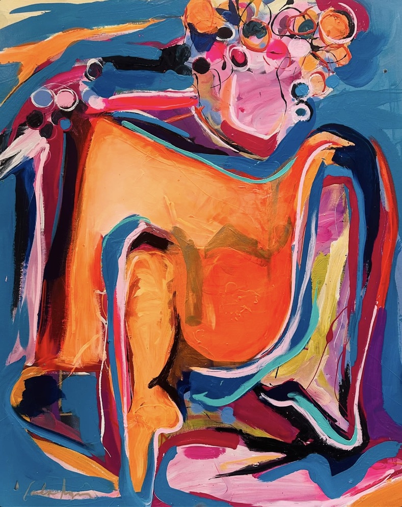 Painting by Carla Negrón — seated figure in orange, acrylic on canvas