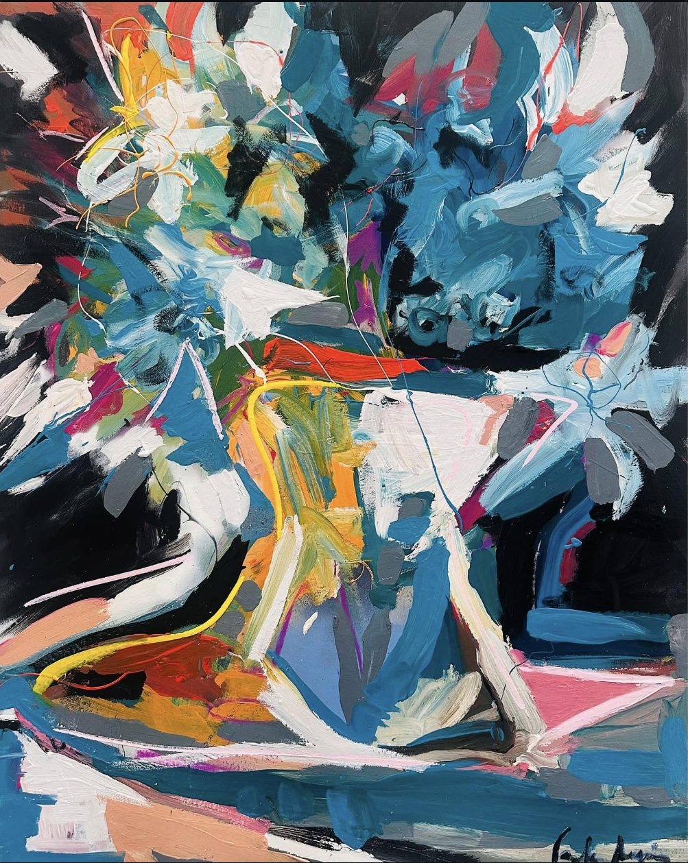 Painting by Carla Negrón — bouquet in deep blue, acrylic on canvas