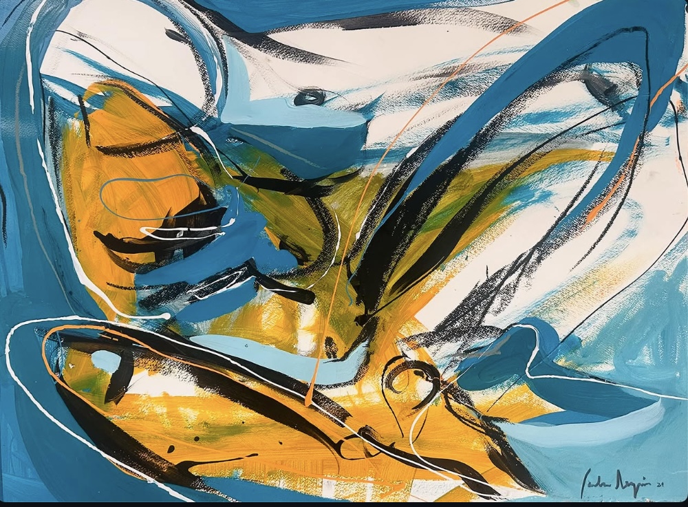Painting by Carla Negrón — ochre and teal abstraction, acrylic on canvas