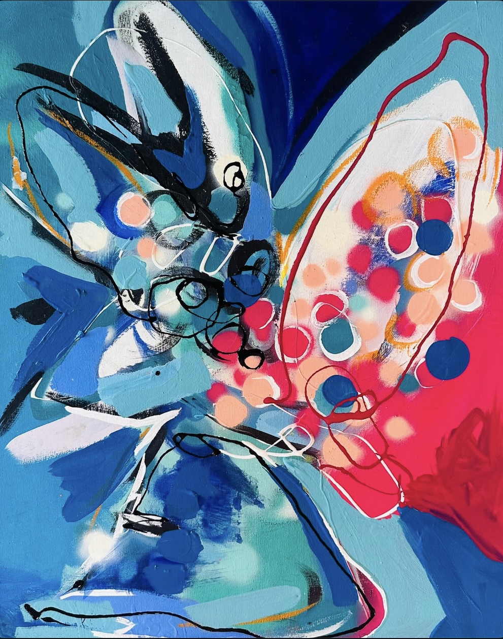 Painting by Carla Negrón — pink and blue chromatic bloom, acrylic on canvas
